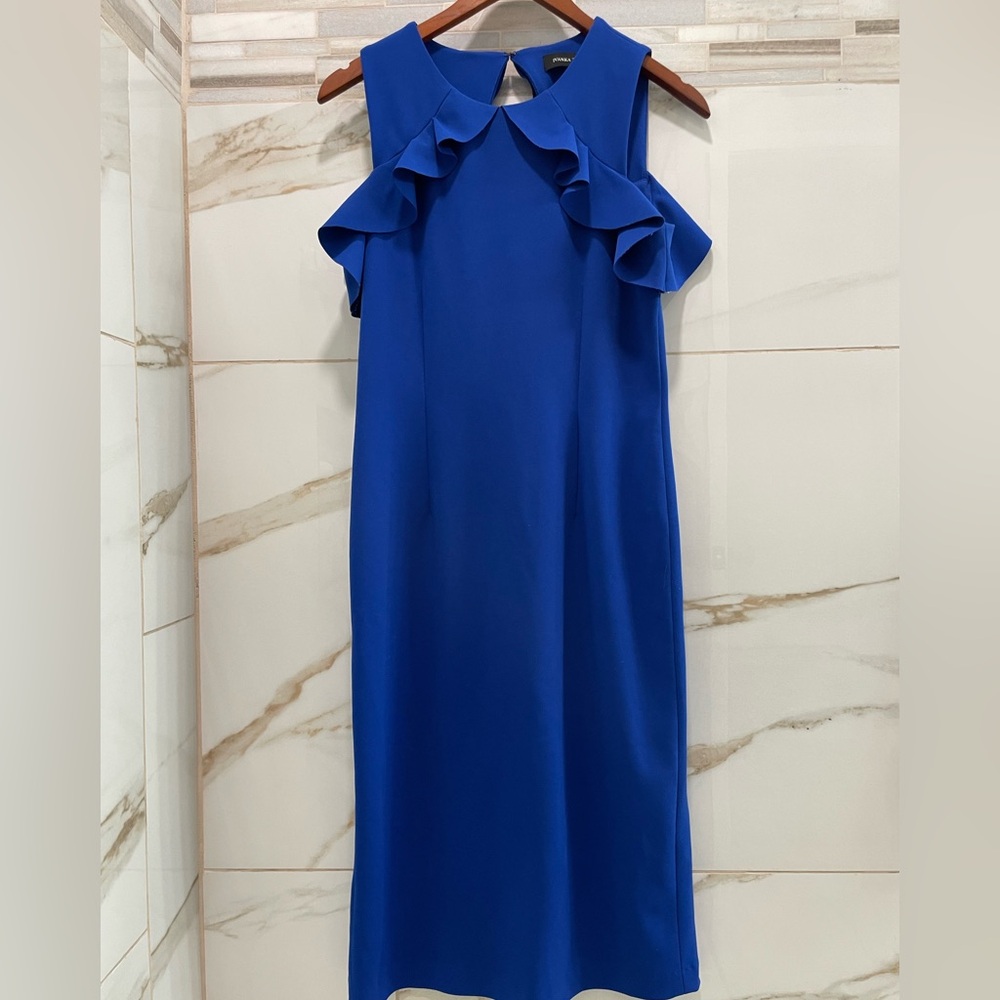 Ivanka Trump Royal Blue Ruffle Cold Shoulder Midi Dress • Size 8 cocktail - Picture 3 of 12